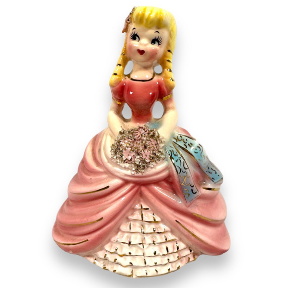 Vintage Lefton Planter Southern Belle Girl Pink Dress Blonde 1950s Rare Pink